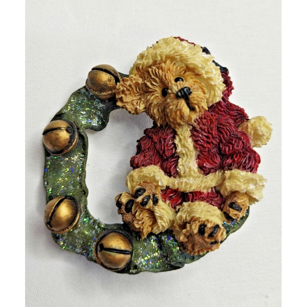 Boyds Bears Resin Teddy Bear Santa Bells on Wreath Brooch Collectible